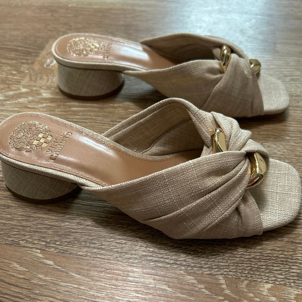 Vince Camuto Liane Natural Linen Raffia Slide Sandals Gold Ring Round Heel New 9 - Picture 5 of 14